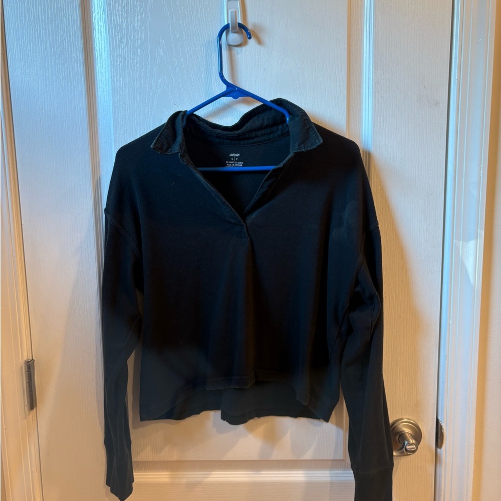 Aerie Cropped Black Collared Sweatshirt